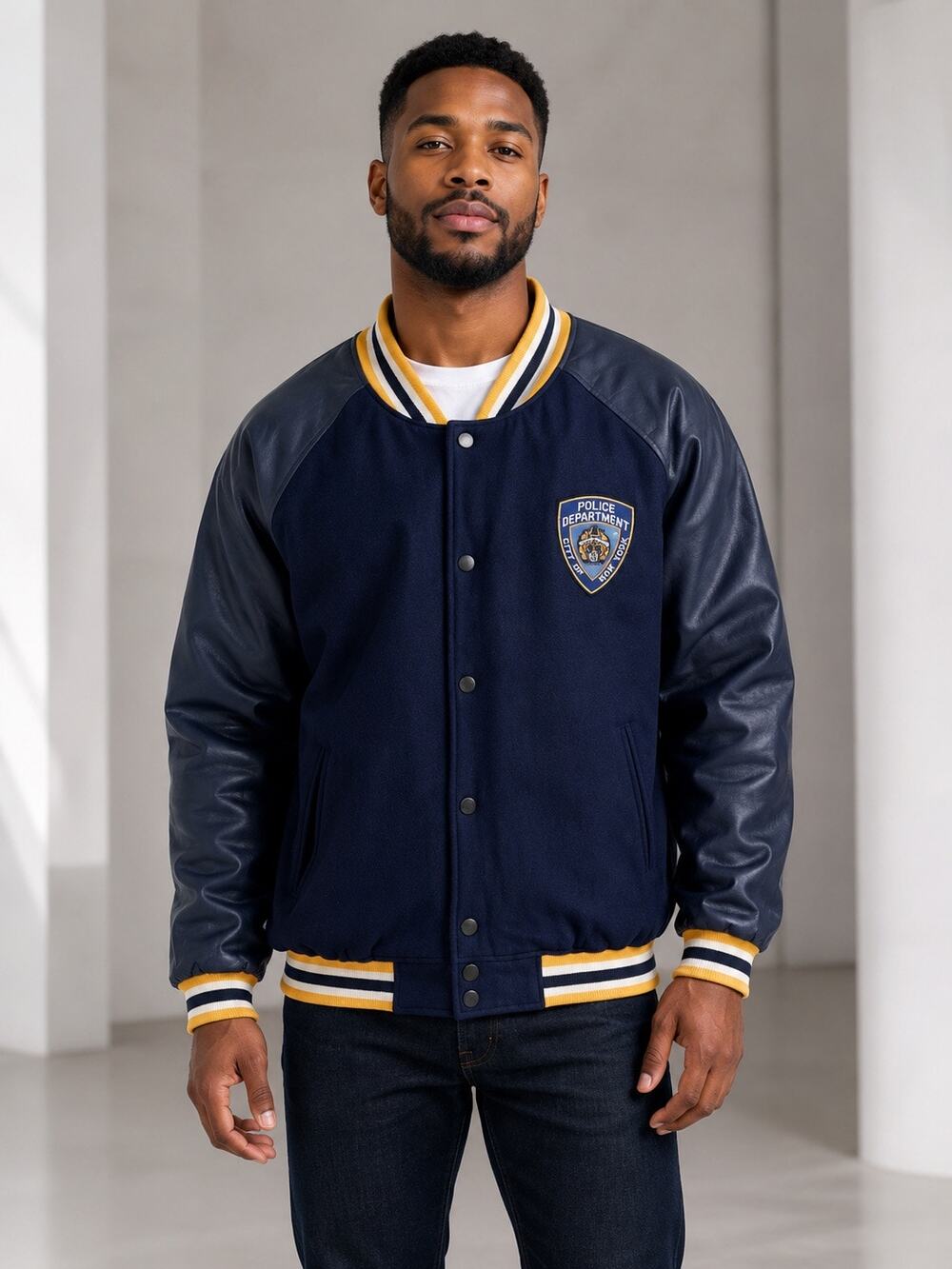 Steve & Barry’s NYPD Varsity Jacket Men’s XL Navy Blue Faux Leather Bomber